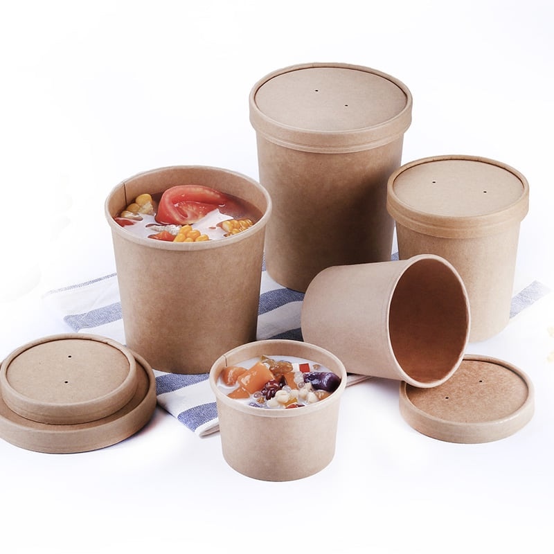 Disposable Kraft Brown Paper Tub Bowls with Paper Lid
