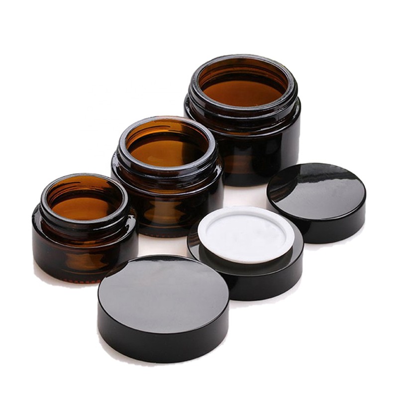 Amber Glass Cosmetic Jar with Black Lid and Stopper