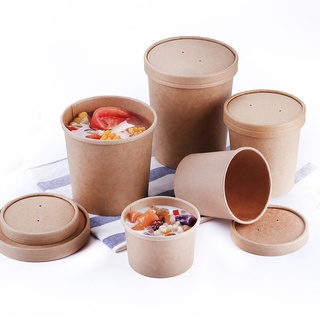 Disposable Kraft Brown Paper Tub Bowls with Paper Lid